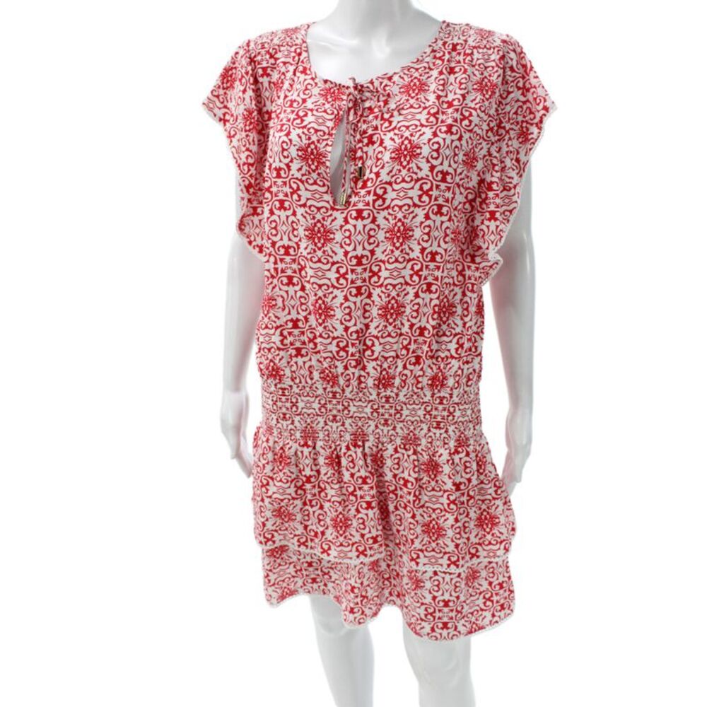 Melissa Odabash Women Kaftan Dress Red Cotton Short Sleeve Size M
